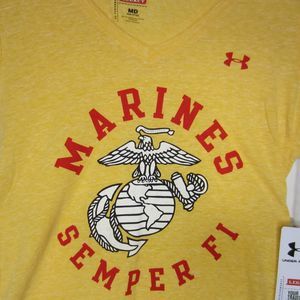 NWT Under Armor womens yellow gold t-shirt Marines Semper Fi-Sz M